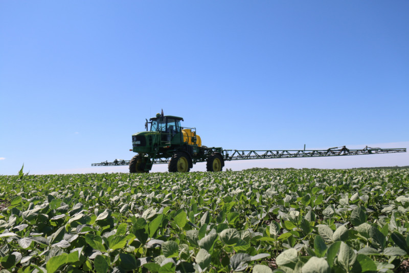 Spray rig spraying soybean crop in Kansas - courtesy of Kansas Soybeans